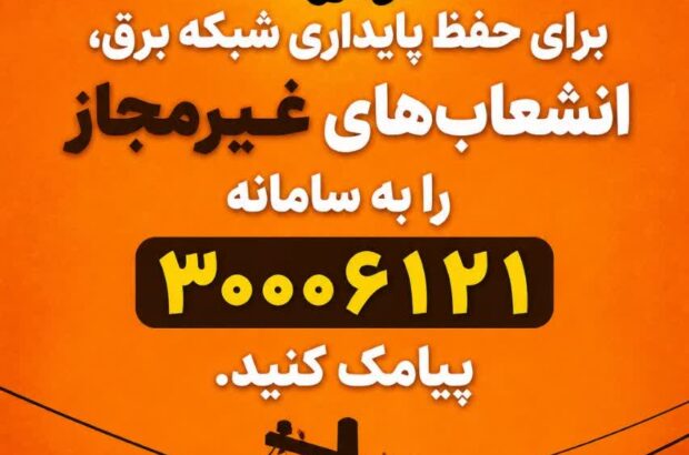 برای حفظ پایداری شبکه برق، انشعابات غیرمجاز را به سامانه۳۰۰۰۶۱۲۱ پیامک کنید